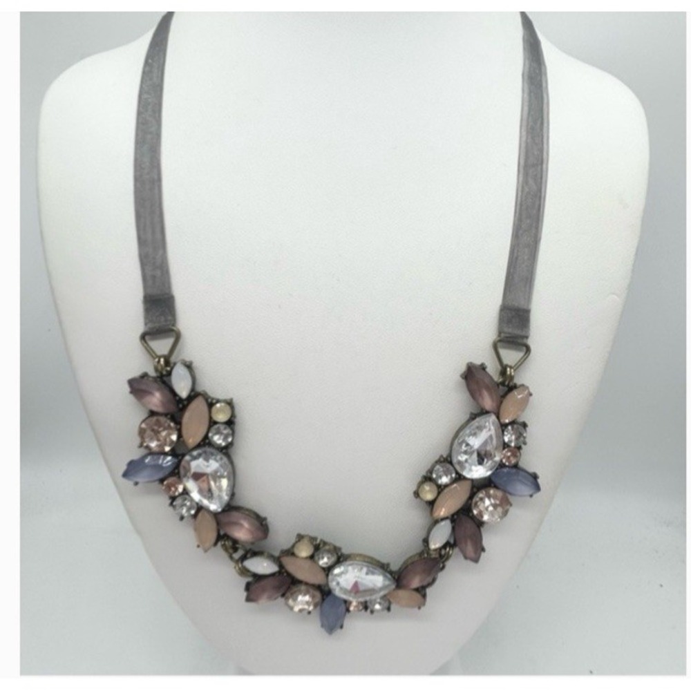 Loft Vintage Statement Necklace Rhinestones & Lucite Sheer Ribbon Adjustable